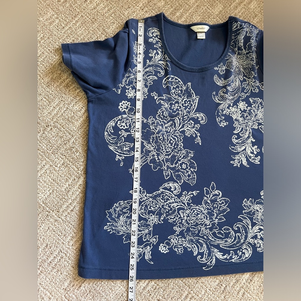 CJ Banks Womens Short Sleeve Embellished Floral Blue White Top 1X - Picture 7 of 7